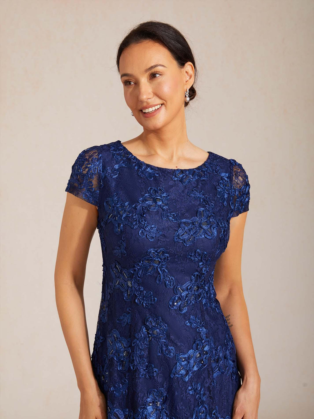 Rosette Lace Boat Neck A Line Dress