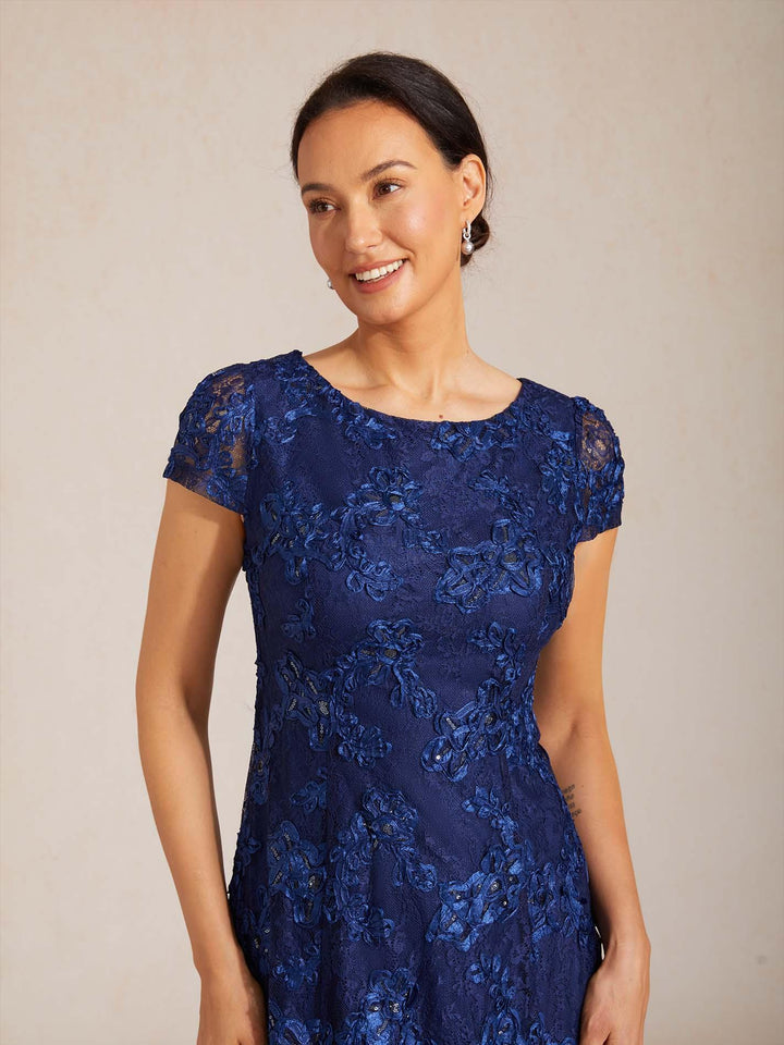 Rosette Lace Boat Neck A Line Dress