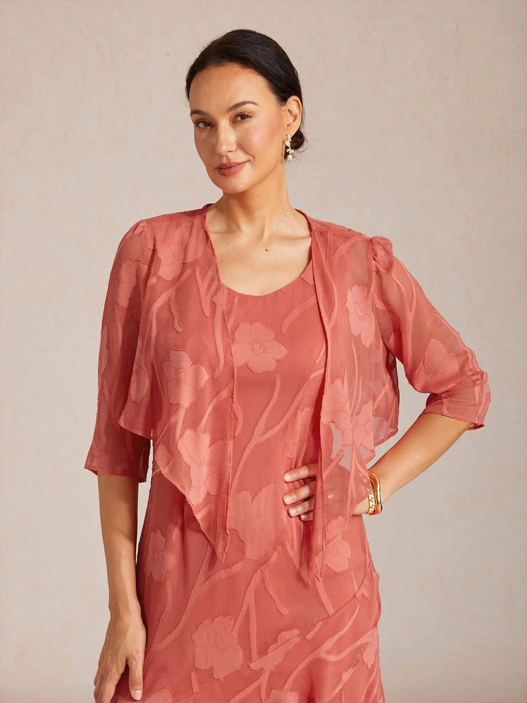 Floral Sheer Chiffon 3/4 Sleeve Shrug