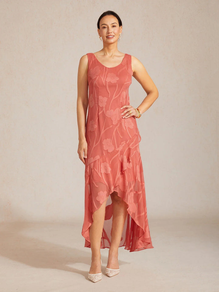 Floral Chiffon Sleeveless Evening Gown with Asymmetrical Hem