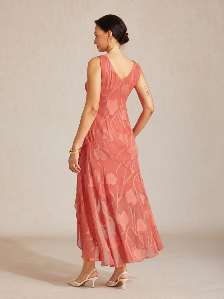 Floral Chiffon Sleeveless Evening Gown with Asymmetrical Hem