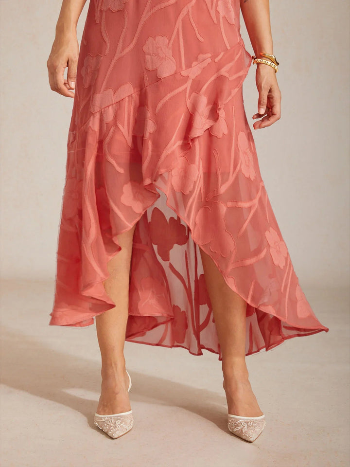 Chiffon Mouwloze Avondjurk Met Bloemenprint En Asymmetrische Zoom
