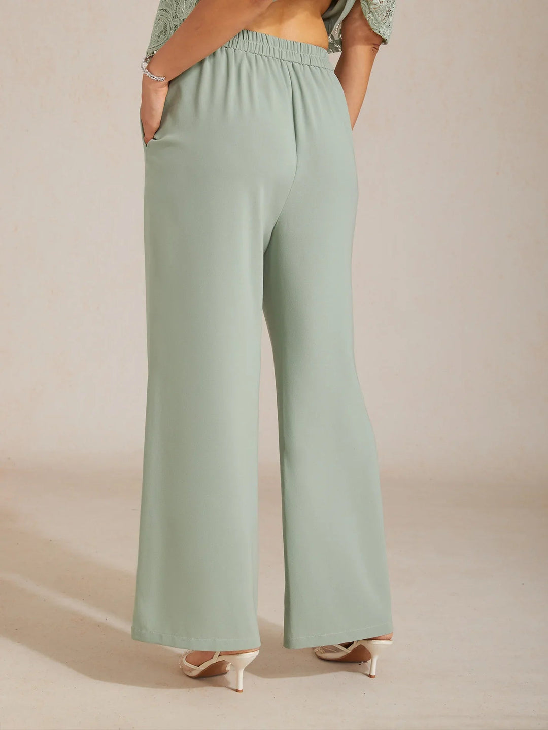 Mid-Rise Broek met Elastische Taille, Wijde Pijpen en Zakken