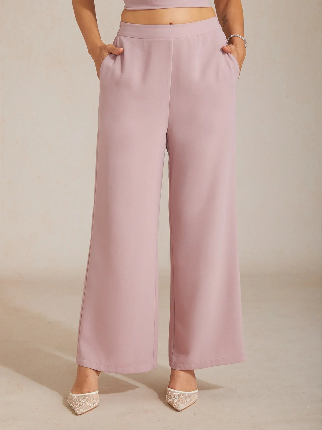 Mid-rise elastische taille wijde broek met zakken