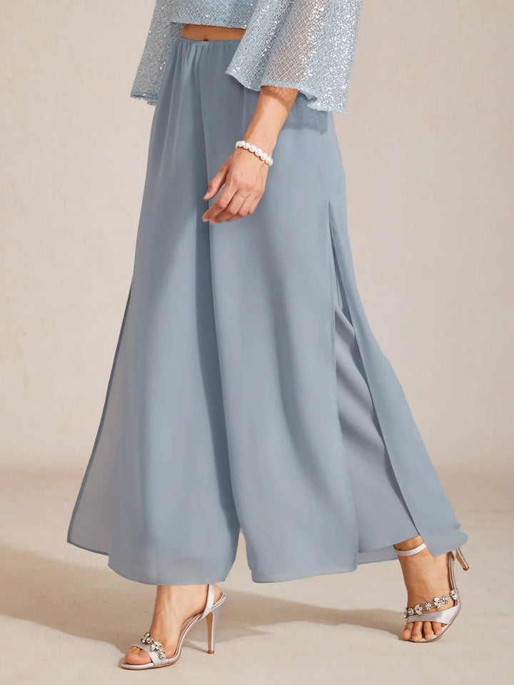 Rechte broek met chiffon split been overlay