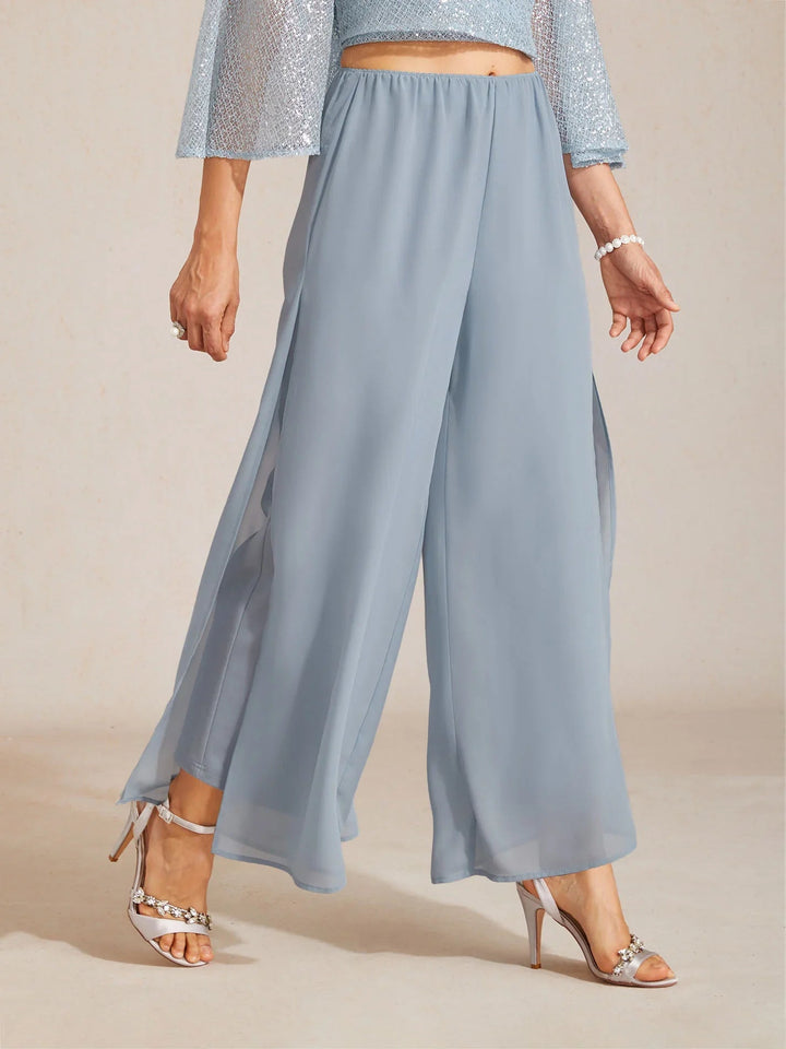Rechte broek met chiffon split been overlay