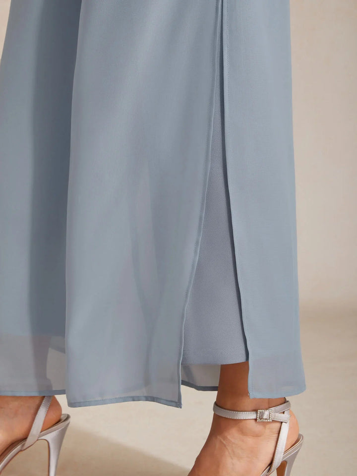 Rechte broek met chiffon split been overlay