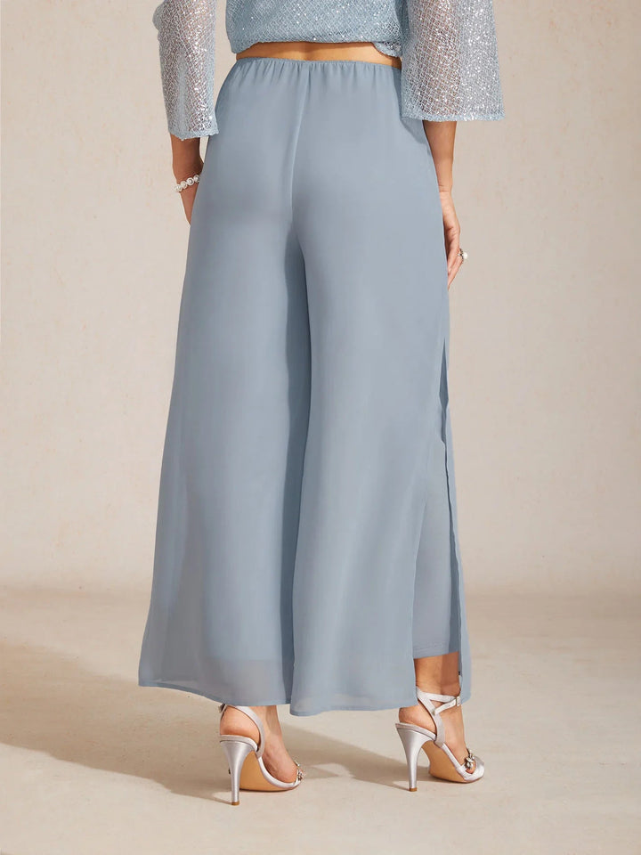 Rechte broek met chiffon split been overlay
