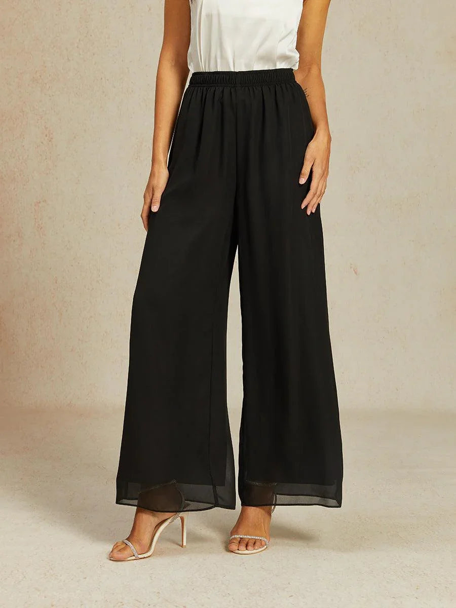 Mid-Rise Chiffonbroek met Elastische Tailleband en Wijde Pijpen