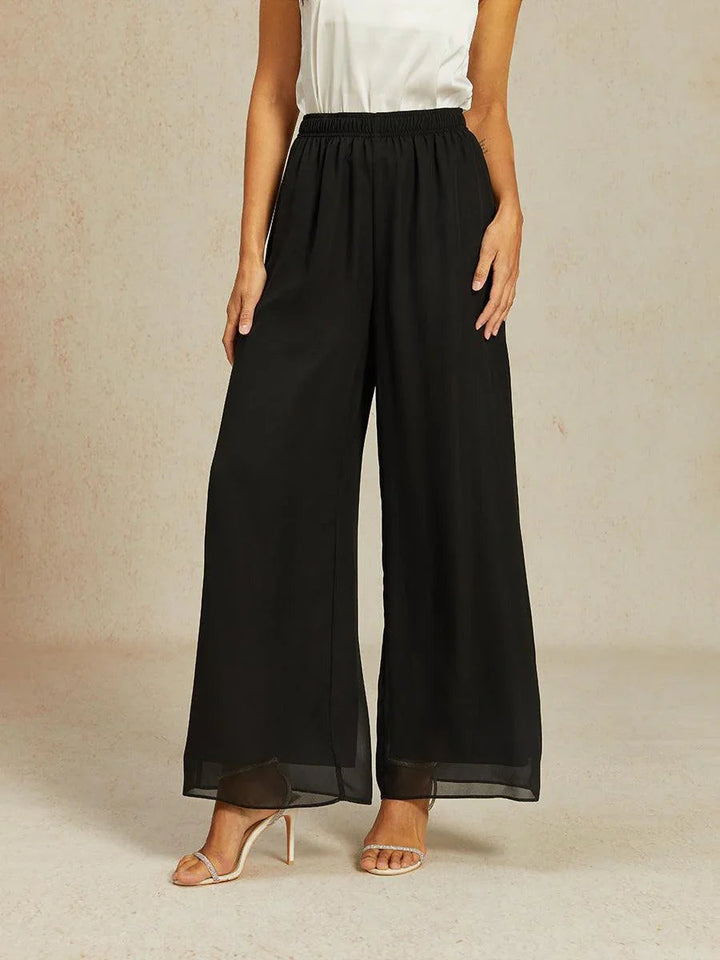 Mid-Rise Chiffonbroek met Elastische Tailleband en Wijde Pijpen