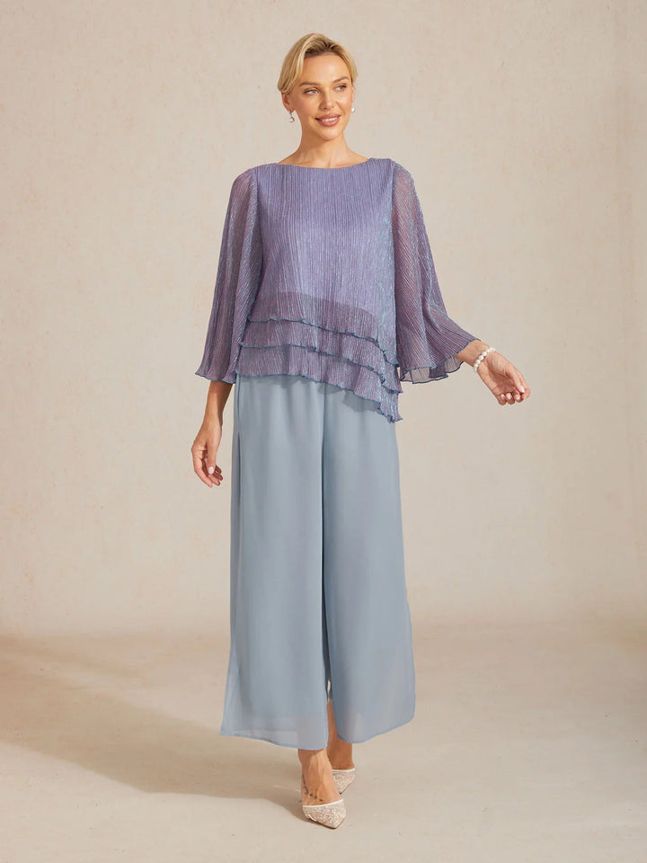 Metallic Geplooide Chiffon Asymmetrische Gelaagde Blouse