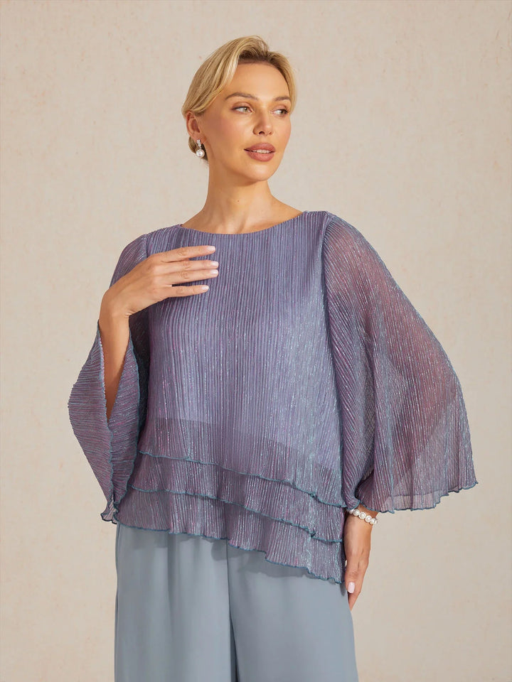 Metallisch Geplooide Chiffon Asymmetrische Gelaagde Blouse