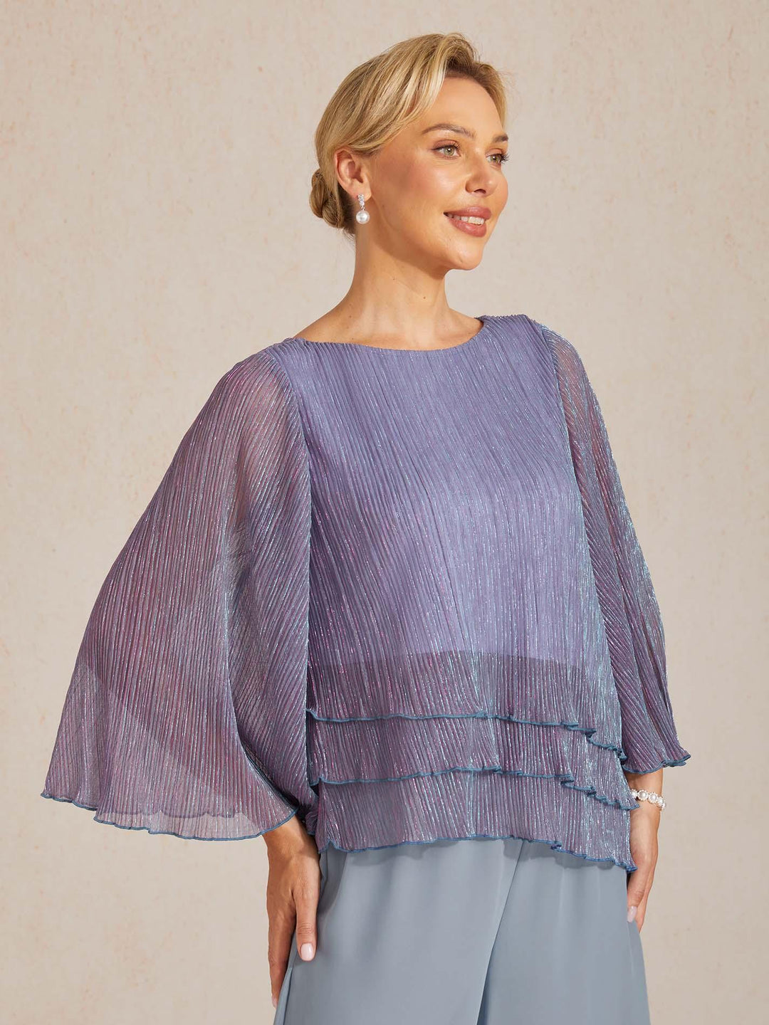 Metallische Geplooide Chiffon Asymmetrische Gelaagde Blouse
