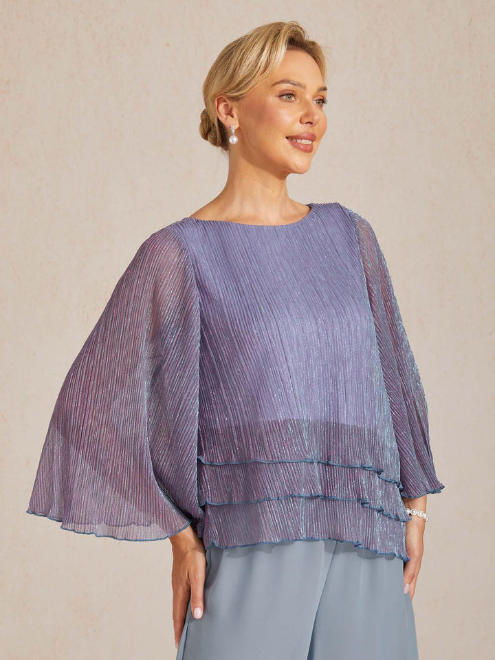 Metallische Geplooide Chiffon Asymmetrische Gelaagde Blouse