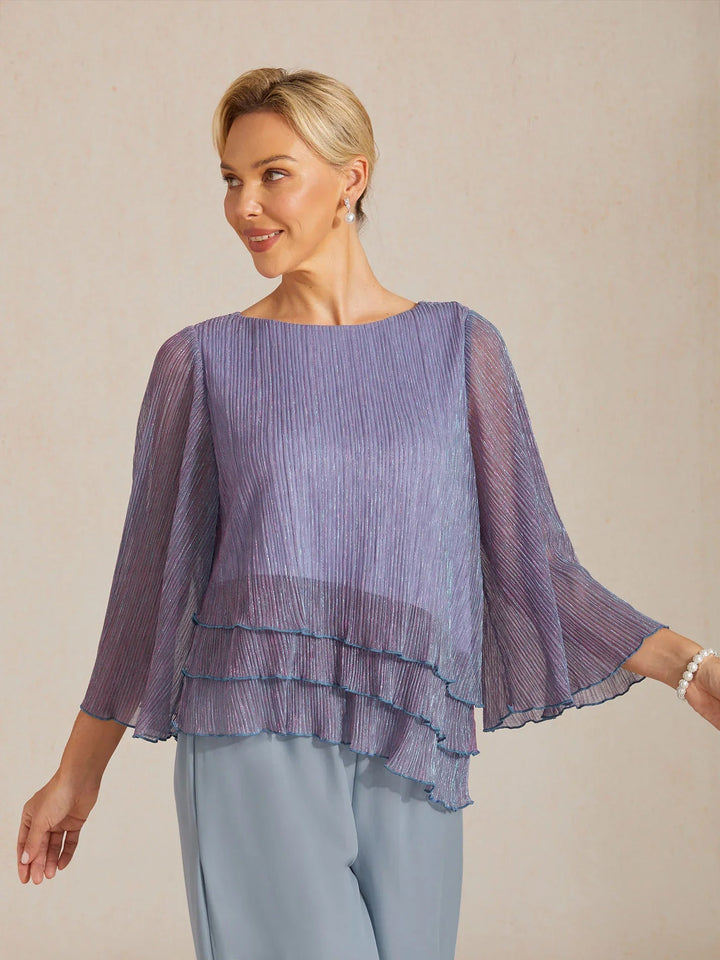 Metallische Geplooide Chiffon Asymmetrische Gelaagde Blouse