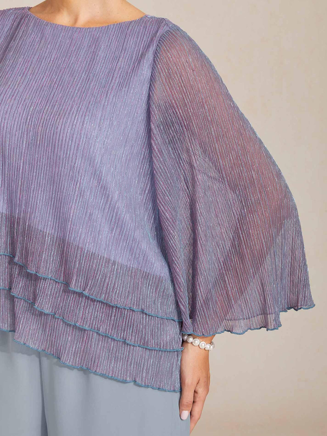 Metallische Geplooide Chiffon Asymmetrische Gelaagde Blouse