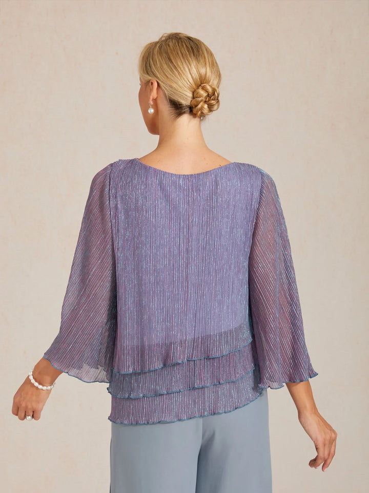 Metallic Geplooide Chiffon Asymmetrische Gelaagde Blouse