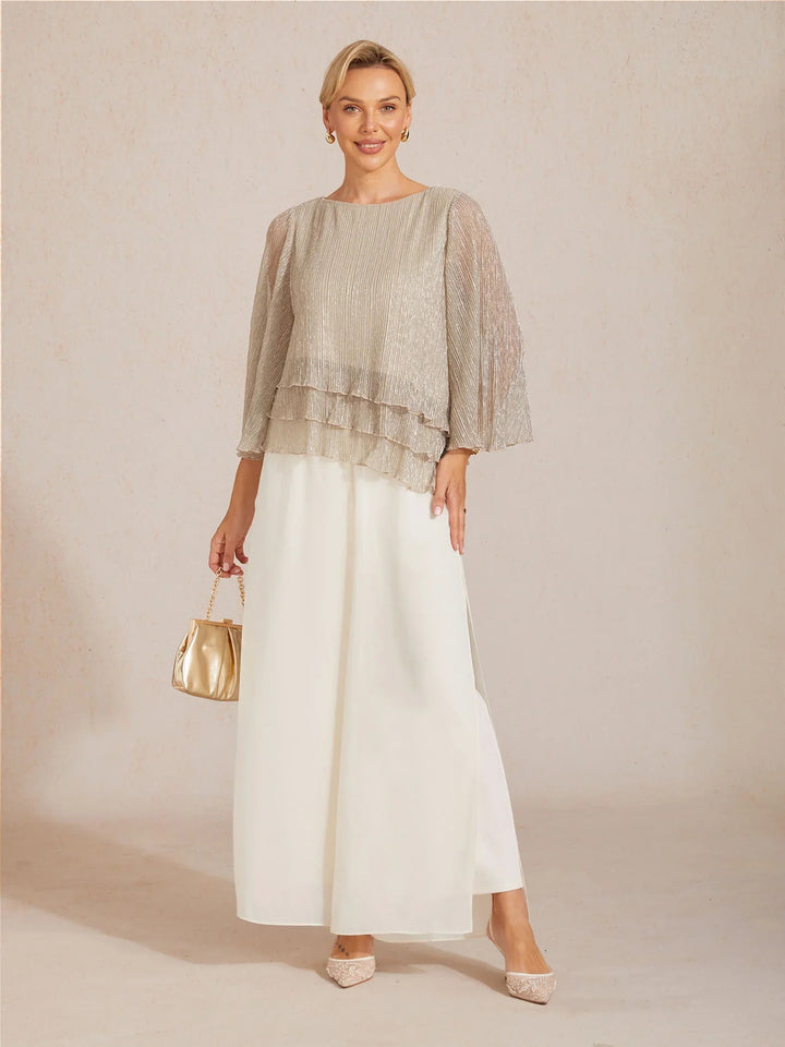 Metallic Geplooide Chiffon Asymmetrische Gelaagde Blouse