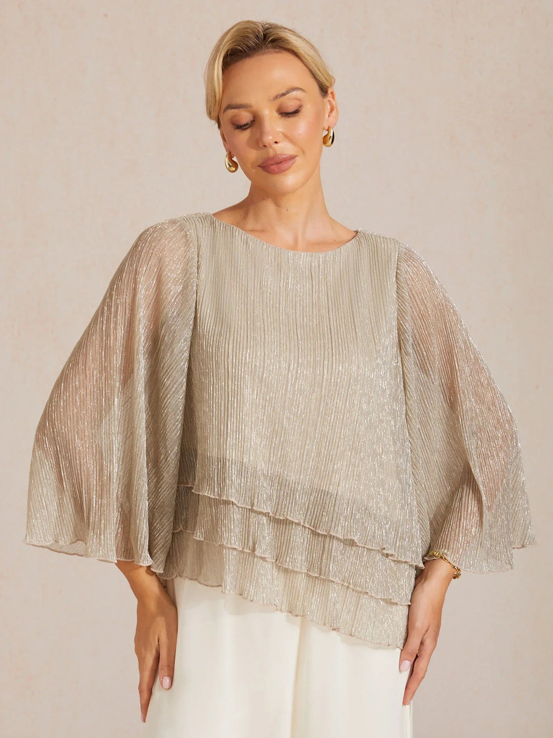 Metallische Geplooide Chiffon Asymmetrische Gelaagde Blouse