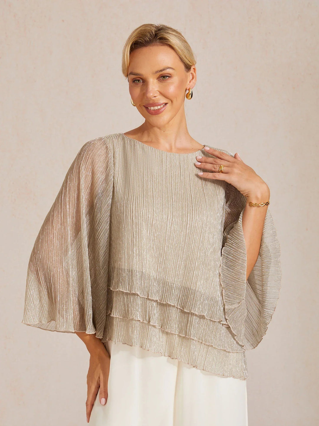 Metallisch Geplooide Chiffon Asymmetrische Gelaagde Blouse