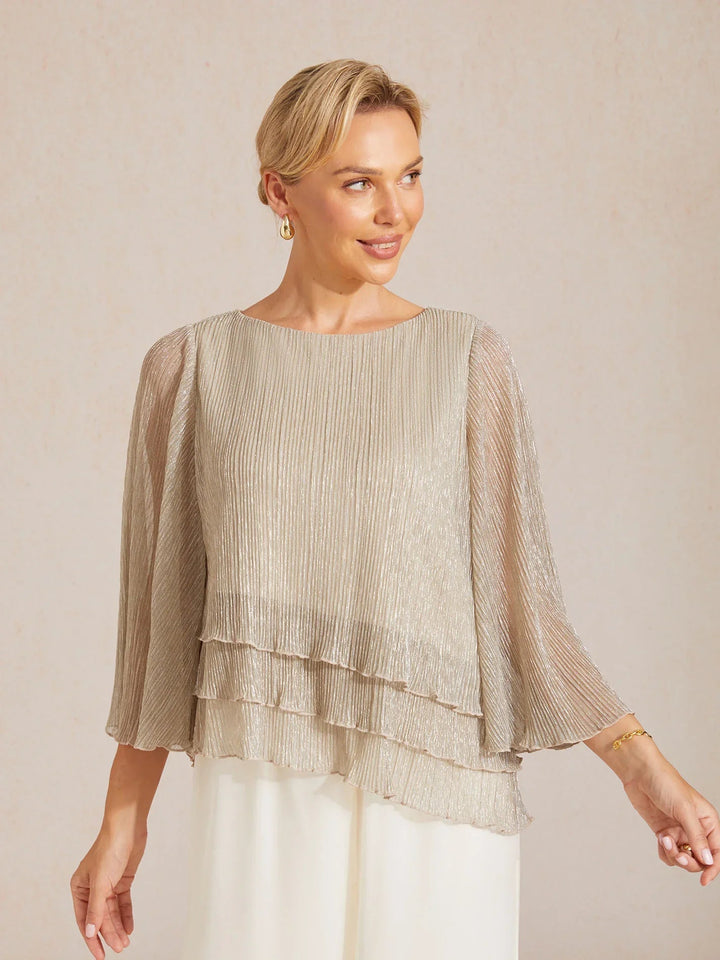 Metallic Geplooide Chiffon Asymmetrische Gelaagde Blouse