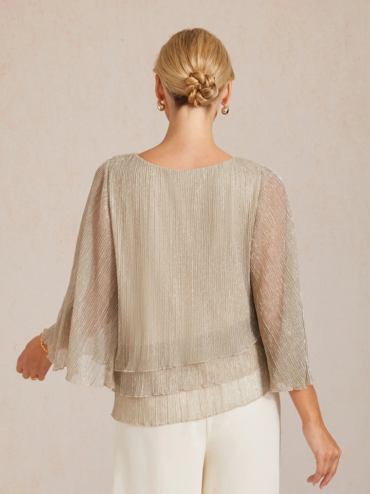 Metallic Chiffonblouse met Geplooide Stof en Asymmetrische Lagen
