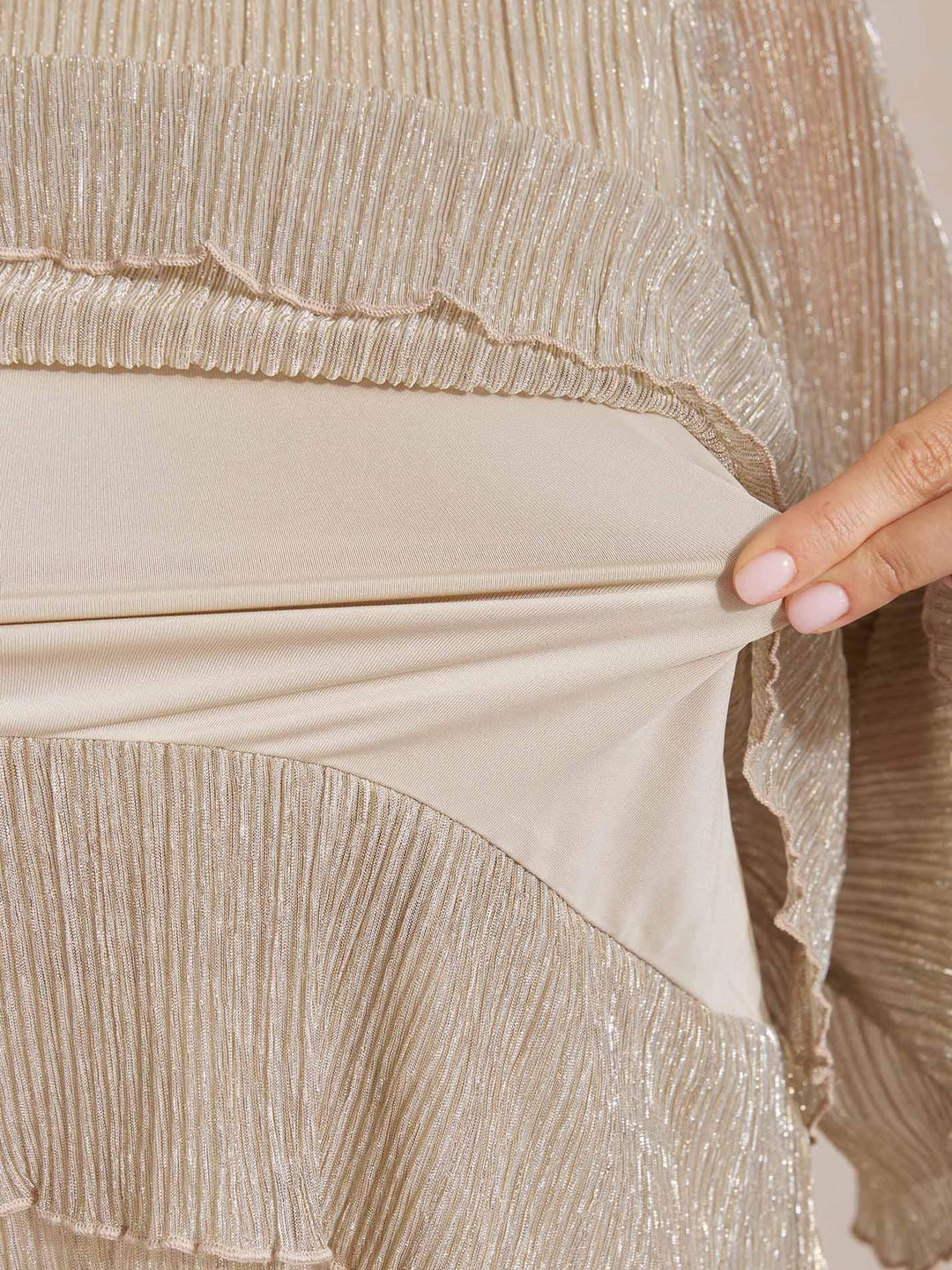 Metallic Geplooide Chiffon Asymmetrische Gelaagde Blouse