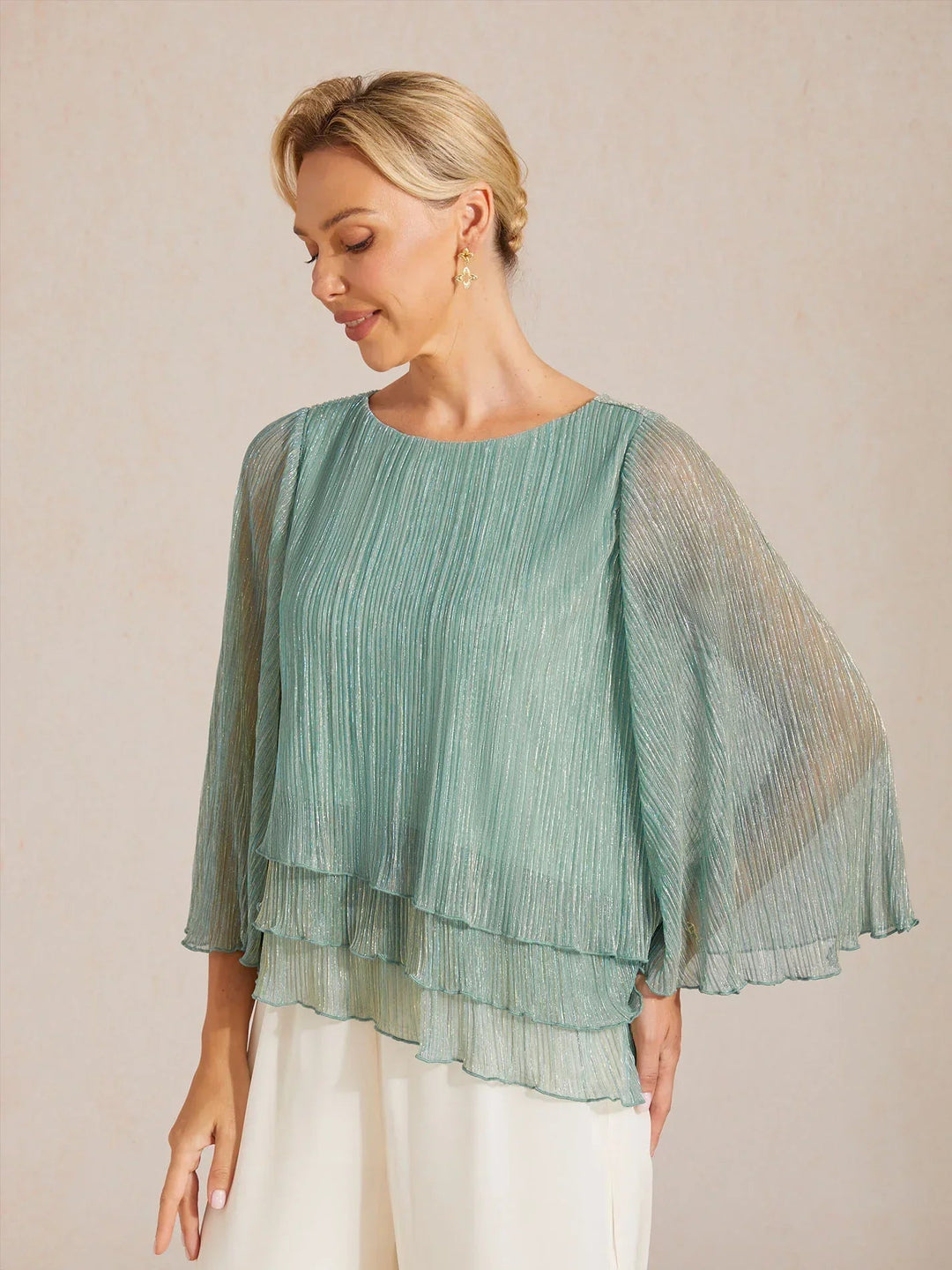 Metallische Geplooide Chiffon Asymmetrische Gelaagde Blouse