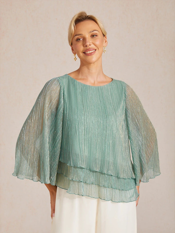 Metallic Geplooide Chiffon Asymmetrische Gelaagde Blouse