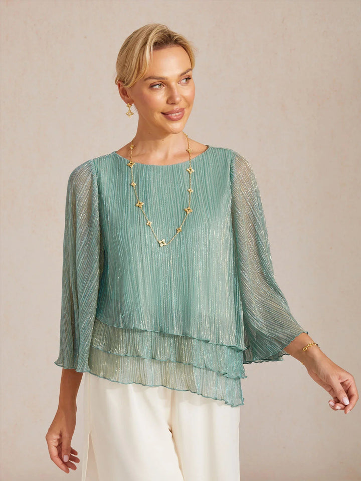 Metallisch Geplooide Chiffon Asymmetrische Gelaagde Blouse