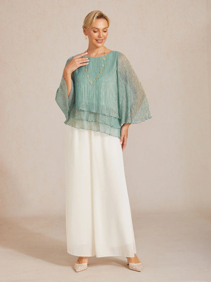 Metallic Geplooide Chiffon Asymmetrische Gelaagde Blouse