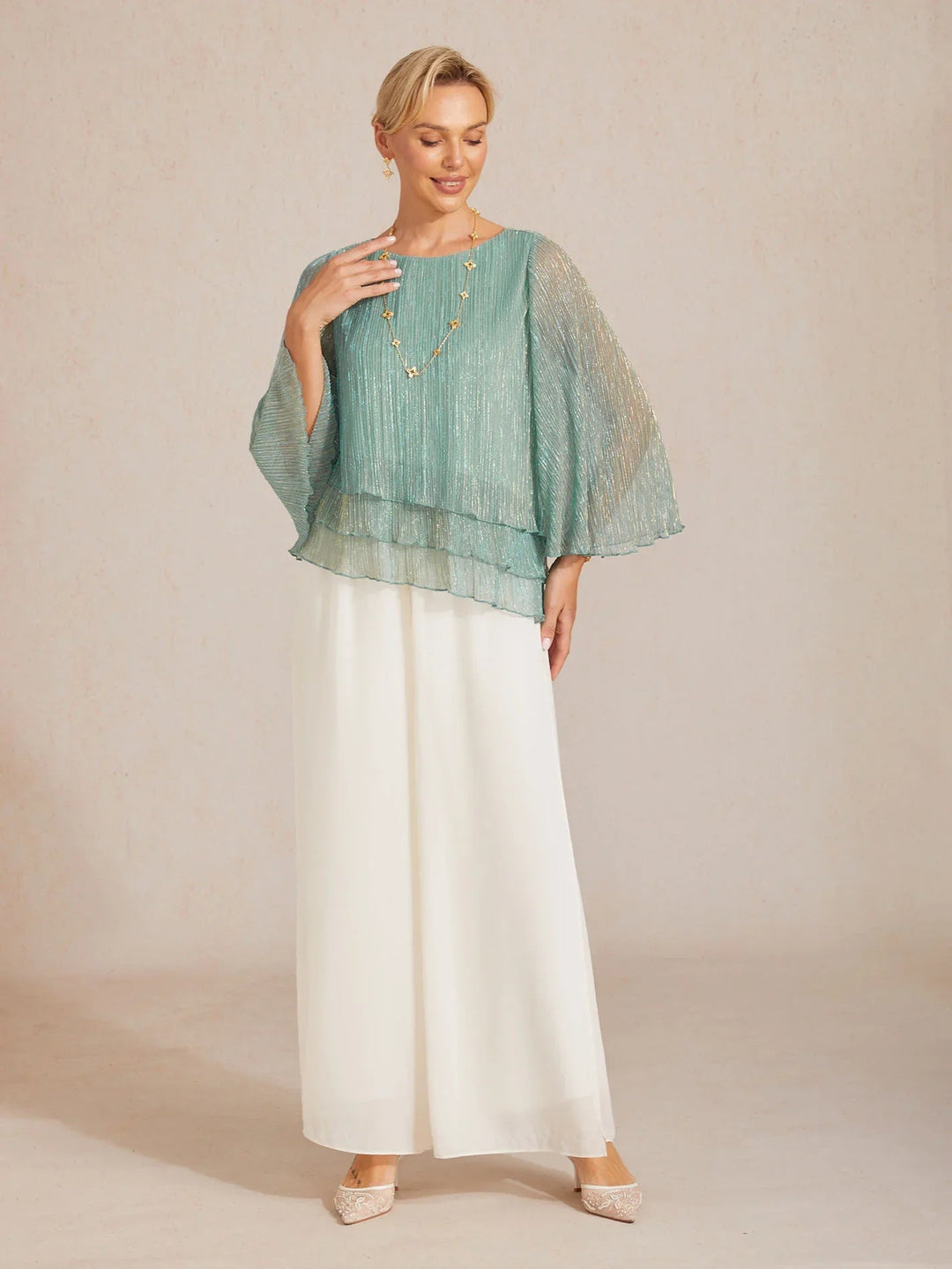 Metallische Geplooide Chiffon Asymmetrische Gelaagde Blouse