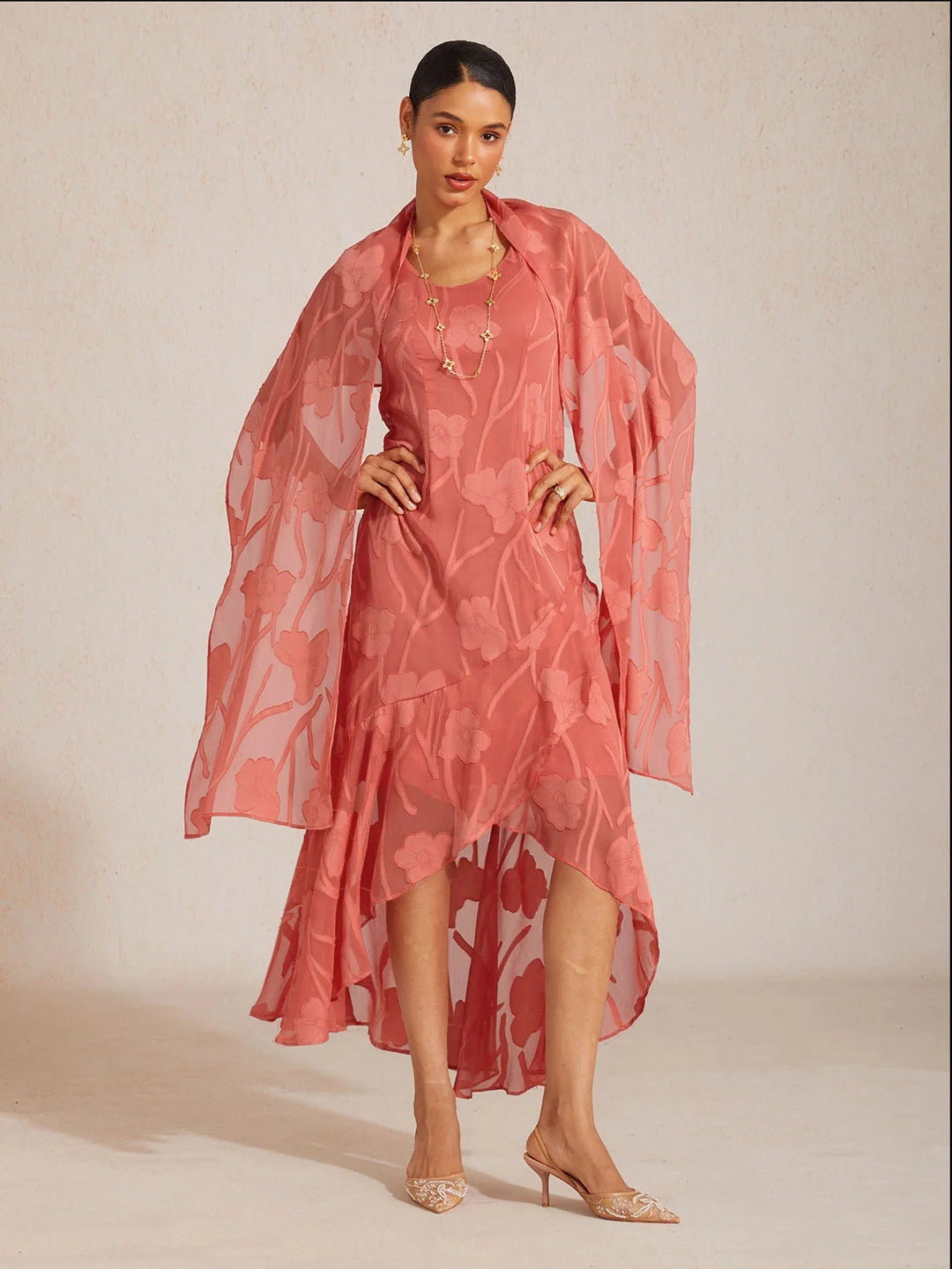 Transparante chiffon sjaal met bloemen