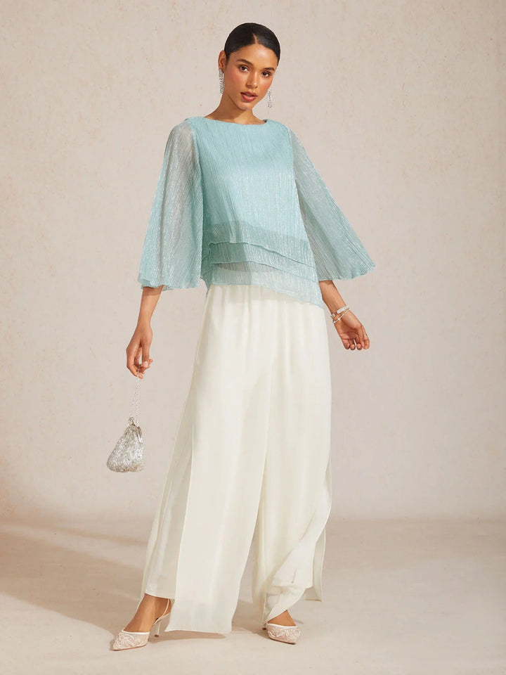 Metallische Geplooide Chiffon Asymmetrische Gelaagde Blouse