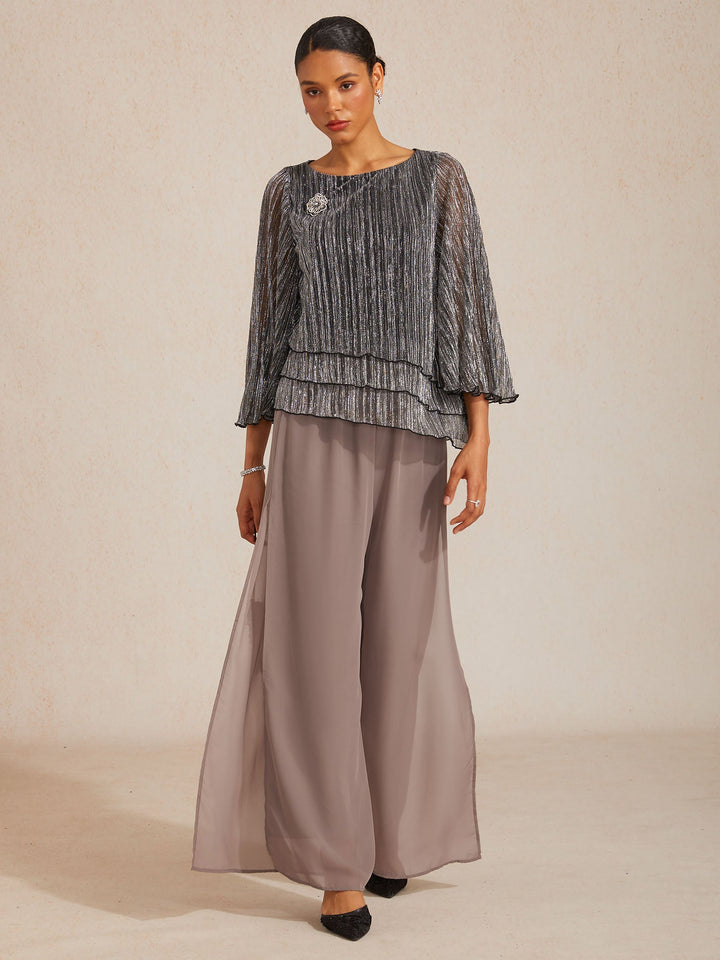 Metallic Geplooide Chiffonblouse met Asymmetrische Lagen