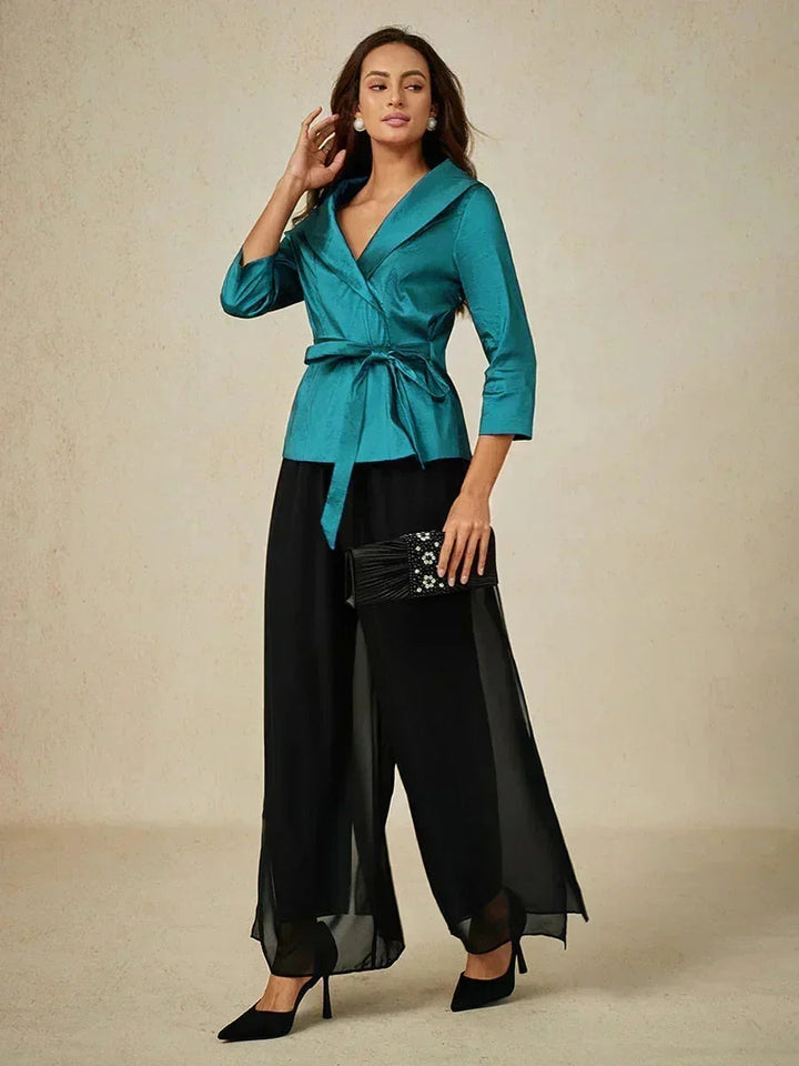 3/4 mouw stretch taffeta blouse met ceintuurdetail
