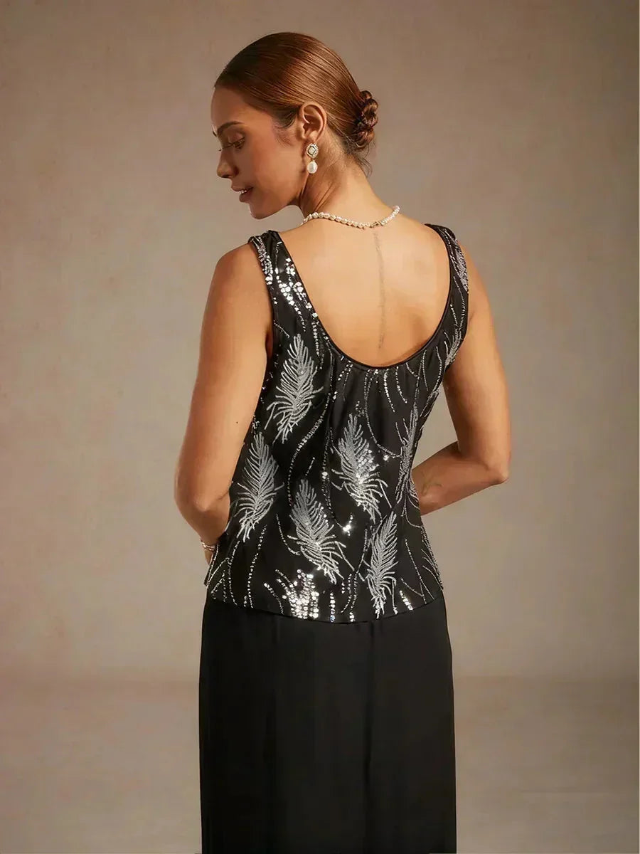 Elegant Pailletten-Twinset Met Mandarijnkraag