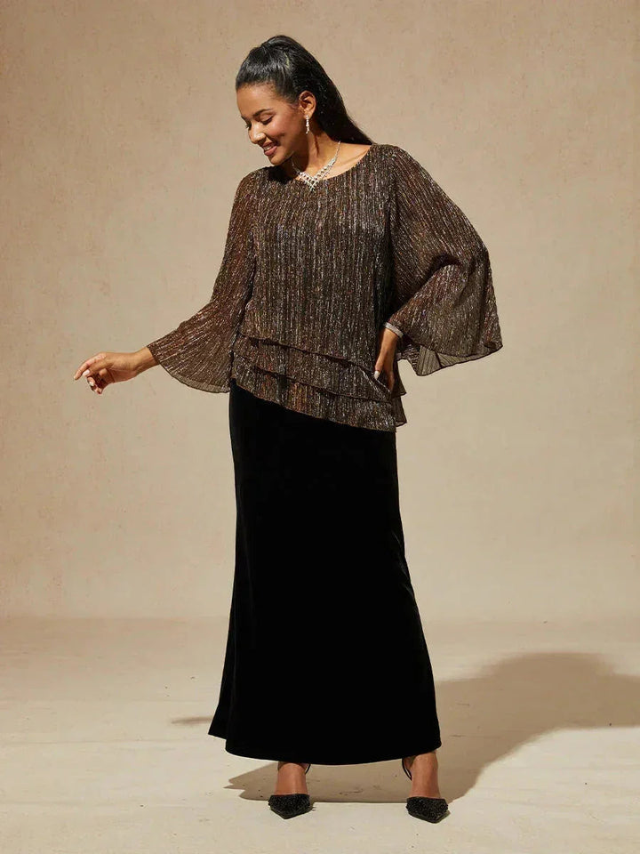 Metallisch Geplooide Chiffon Asymmetrische Gelaagde Blouse