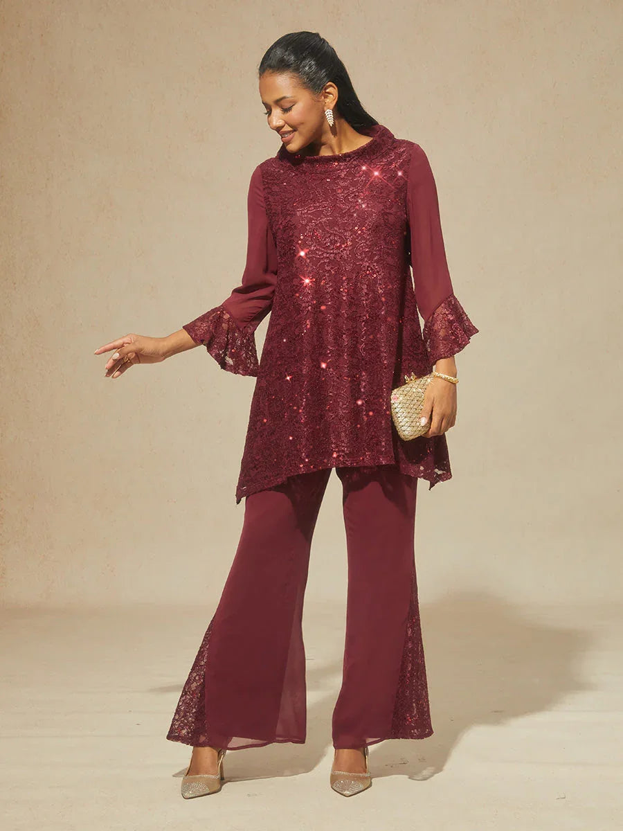 Middenhoge Chiffon Flared Broek met Kanten Bies
