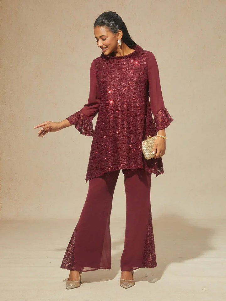 Middenhoge Chiffon Flared Broek met Kanten Bies