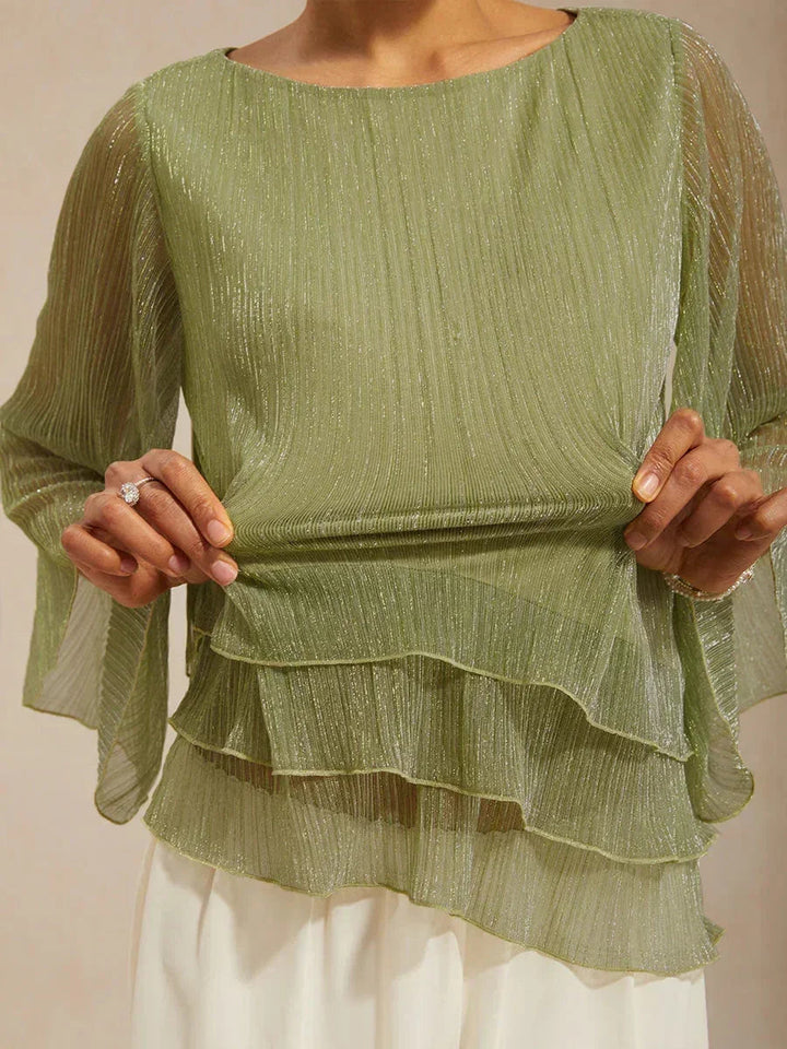 Metallische Geplooide Chiffon Asymmetrische Gelaagde Blouse