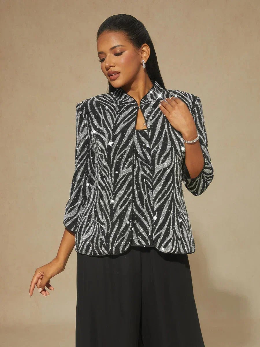 Elegant Mandarin Collar Twinset with Rhinestone Zebra Print