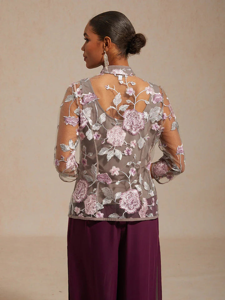 Twinset Met Bloemenborduursel En Mandarijnkraag