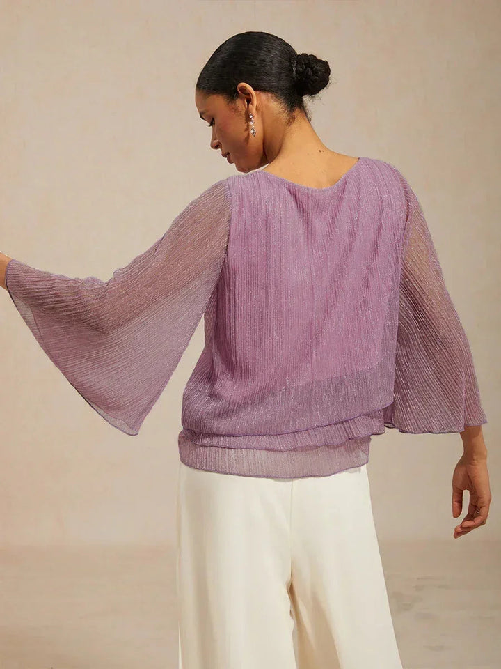 Metallische Geplooide Chiffon Asymmetrische Gelaagde Blouse