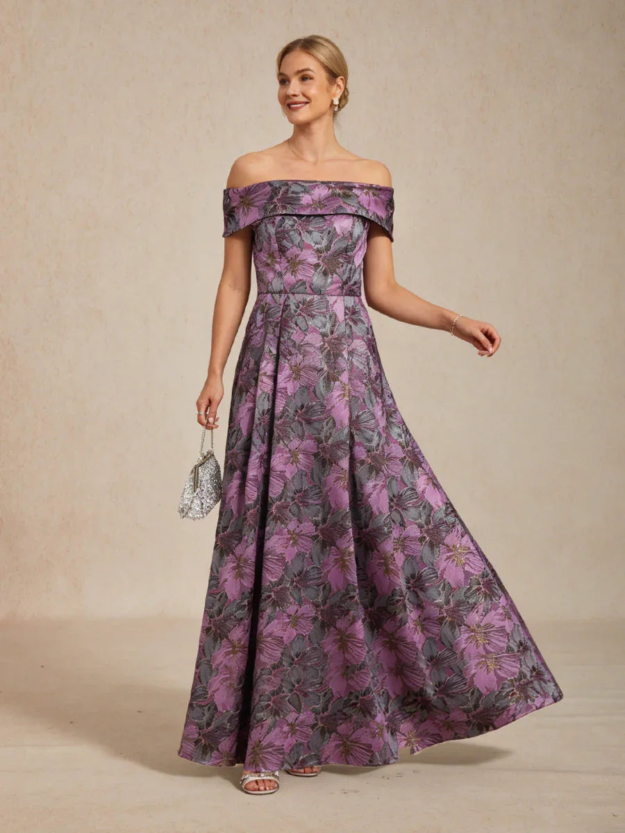 Schoudervrije Metallic Bloemenjacquard Baljurk