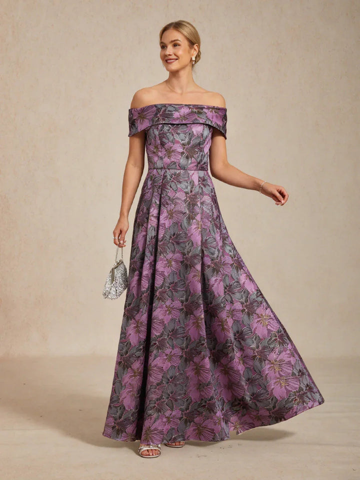 Schoudervrije Metallic Bloemenjacquard Baljurk