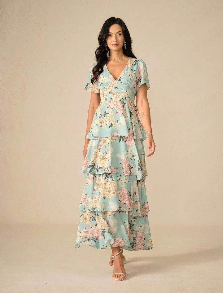 Tiered Floral High Waist Flutter Sleeve Ankle-Length Dress