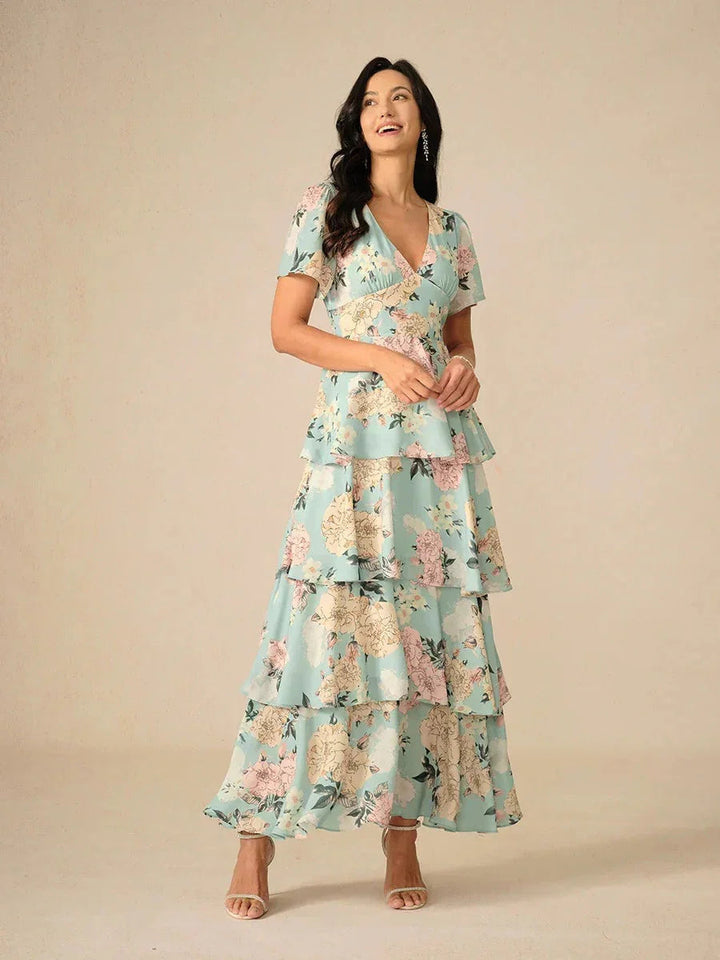 Tiered Floral High Waist Flutter Sleeve Ankle-Length Dress