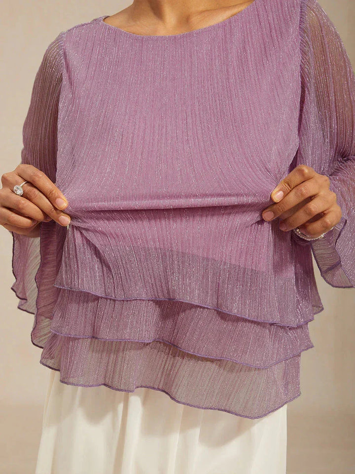 Metallic Geplooide Chiffon Asymmetrische Gelaagde Blouse