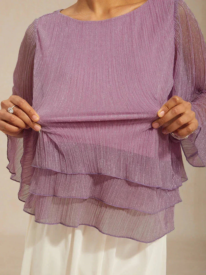 Metallische Geplooide Chiffon Asymmetrische Gelaagde Blouse